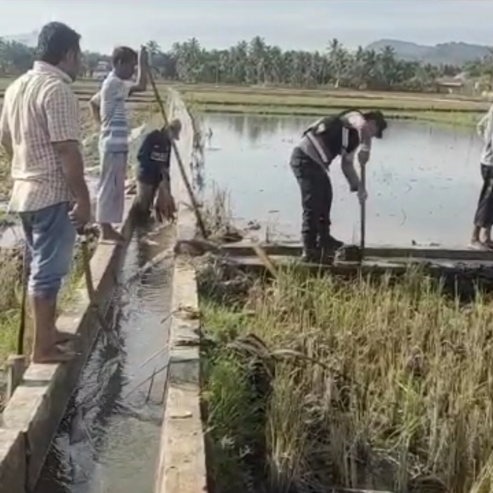 Hadir Untuk Masyarakat, Bhabinkamtibmas Polsek Peudada Gotong Royong Bersama Warga Membersihkan Saluran Air Irigasi.